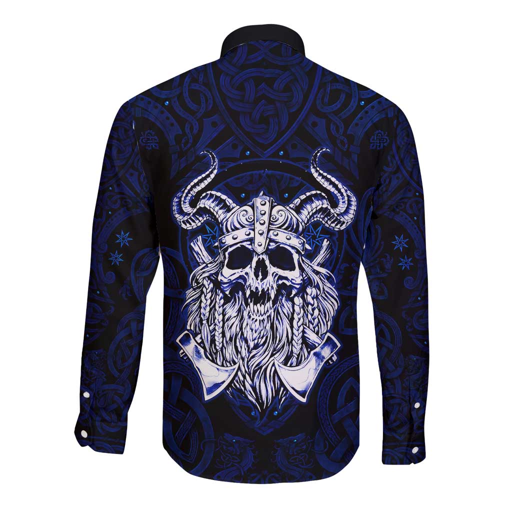 Vikings Skull Long Sleeve Button Shirt with Horned Helmet, Blue Axes and Runes Norse Warrior Tribute - Wonder Print Shop