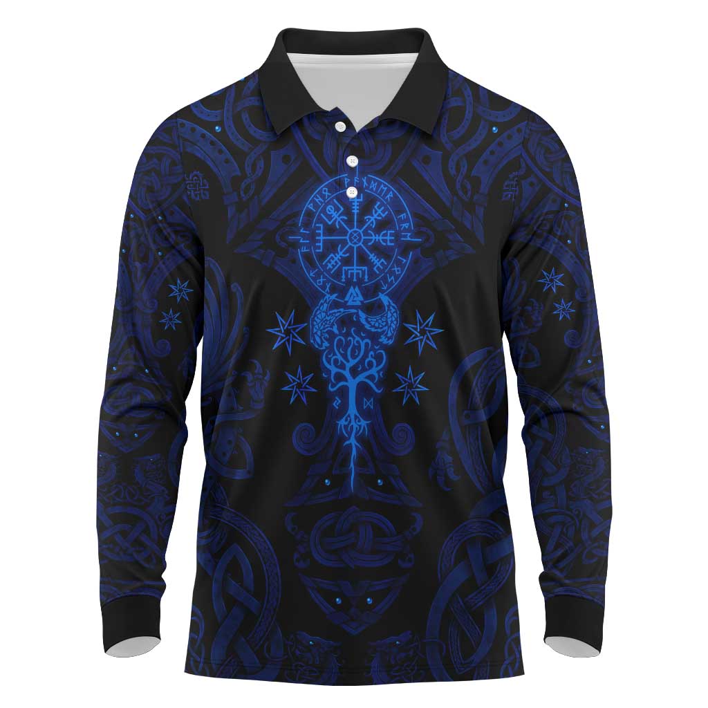 Vikings Skull Long Sleeve Polo Shirt with Horned Helmet, Blue Axes and Runes Norse Warrior Tribute - Wonder Print Shop
