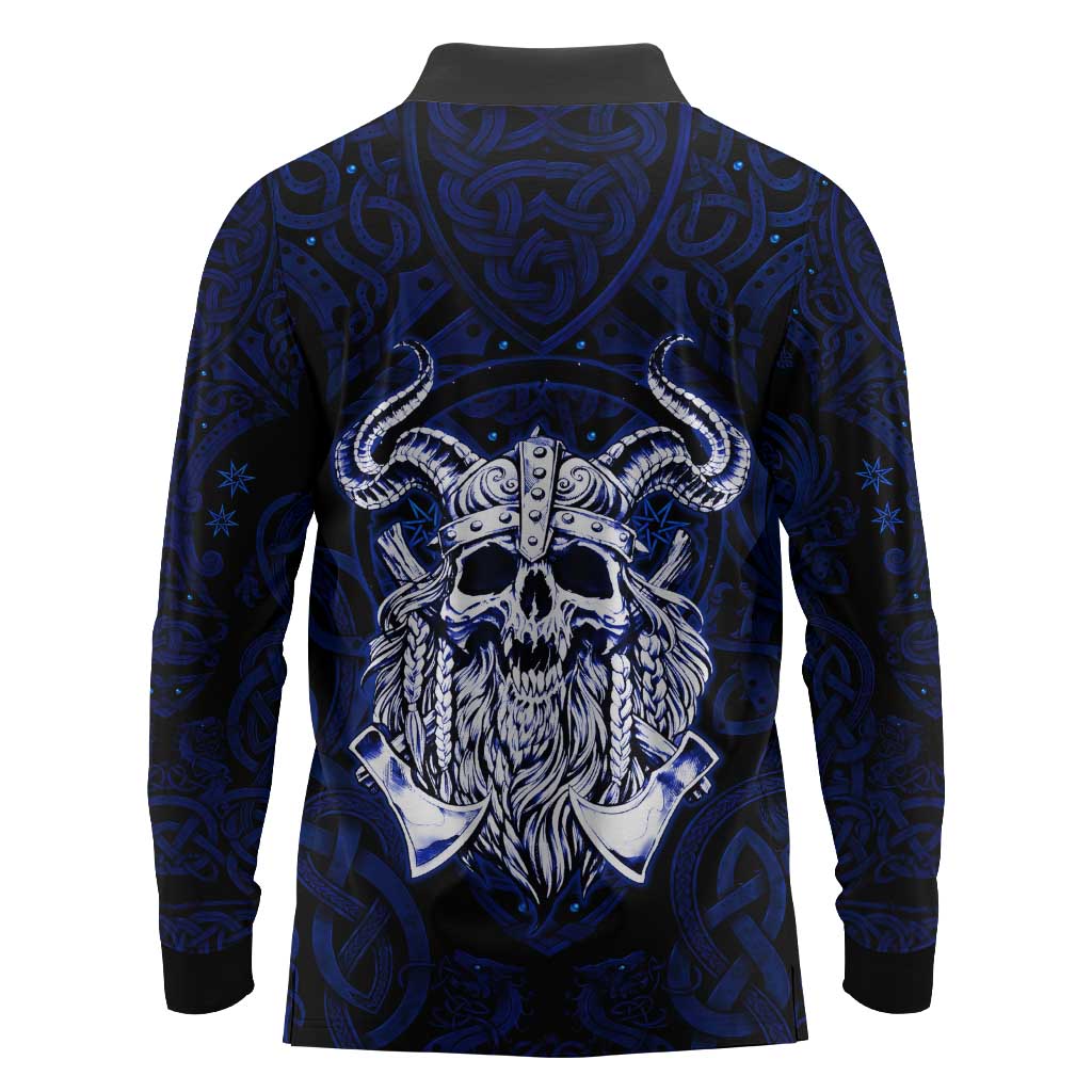 Vikings Skull Long Sleeve Polo Shirt with Horned Helmet, Blue Axes and Runes Norse Warrior Tribute - Wonder Print Shop