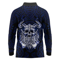 Vikings Skull Long Sleeve Polo Shirt with Horned Helmet, Blue Axes and Runes Norse Warrior Tribute - Wonder Print Shop