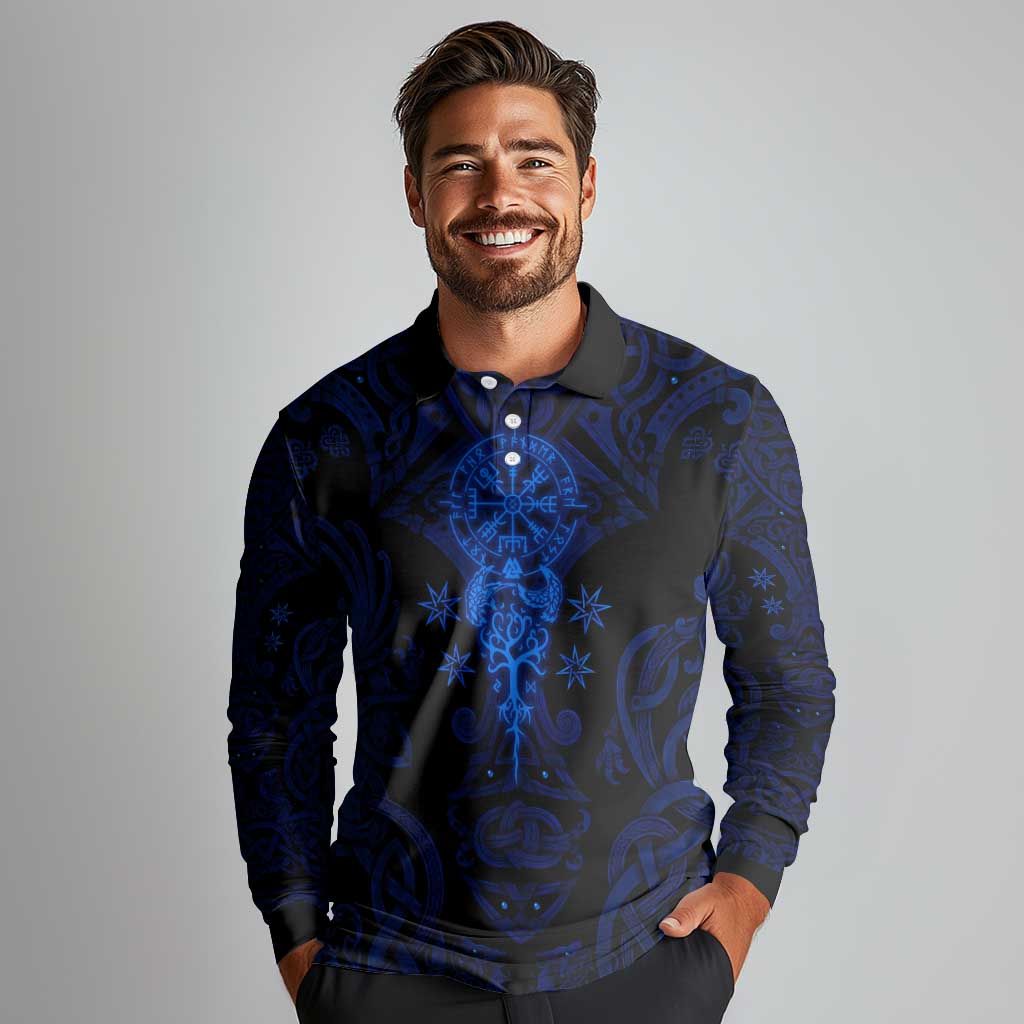 Vikings Skull Long Sleeve Polo Shirt with Horned Helmet, Blue Axes and Runes Norse Warrior Tribute - Wonder Print Shop