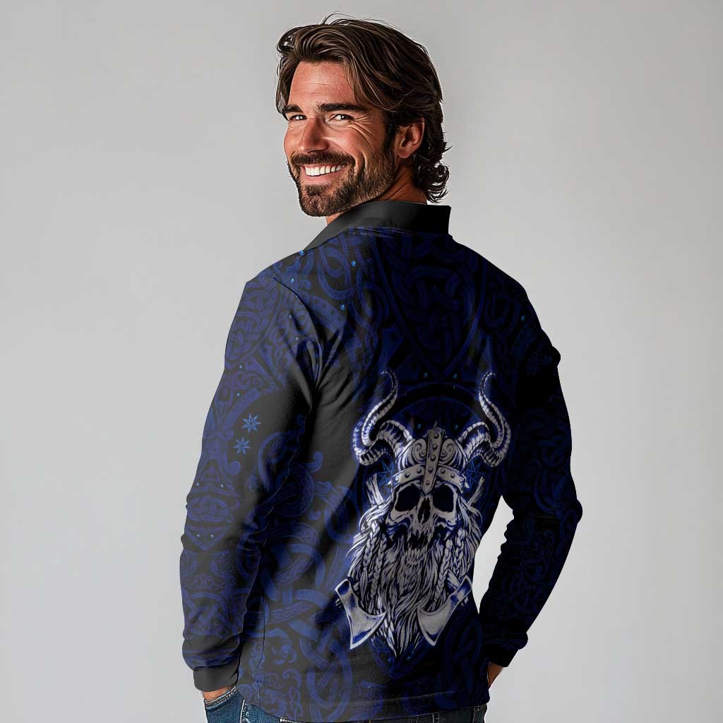 Vikings Skull Long Sleeve Polo Shirt with Horned Helmet, Blue Axes and Runes Norse Warrior Tribute - Wonder Print Shop