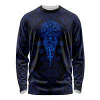Vikings Skull Long Sleeve Shirt with Horned Helmet, Blue Axes and Runes Norse Warrior Tribute - Wonder Print Shop