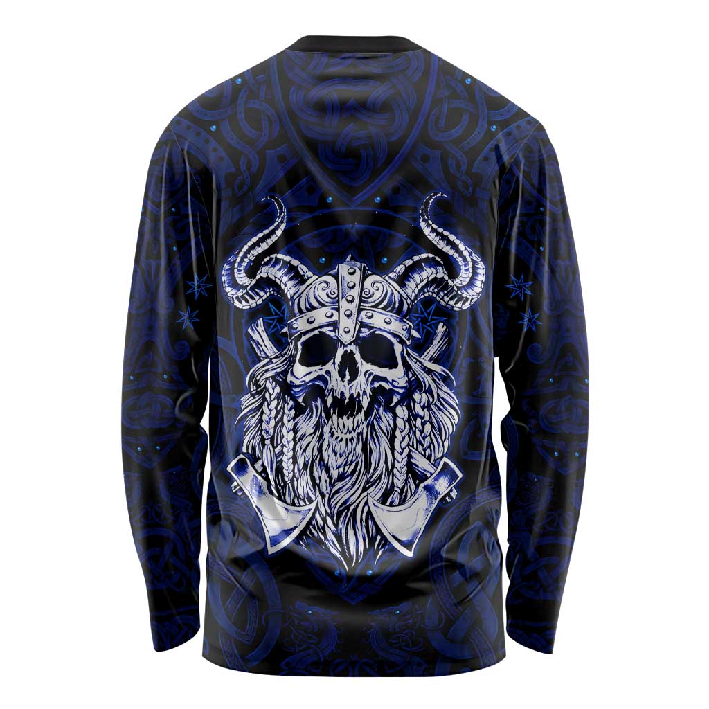 Vikings Skull Long Sleeve Shirt with Horned Helmet, Blue Axes and Runes Norse Warrior Tribute - Wonder Print Shop