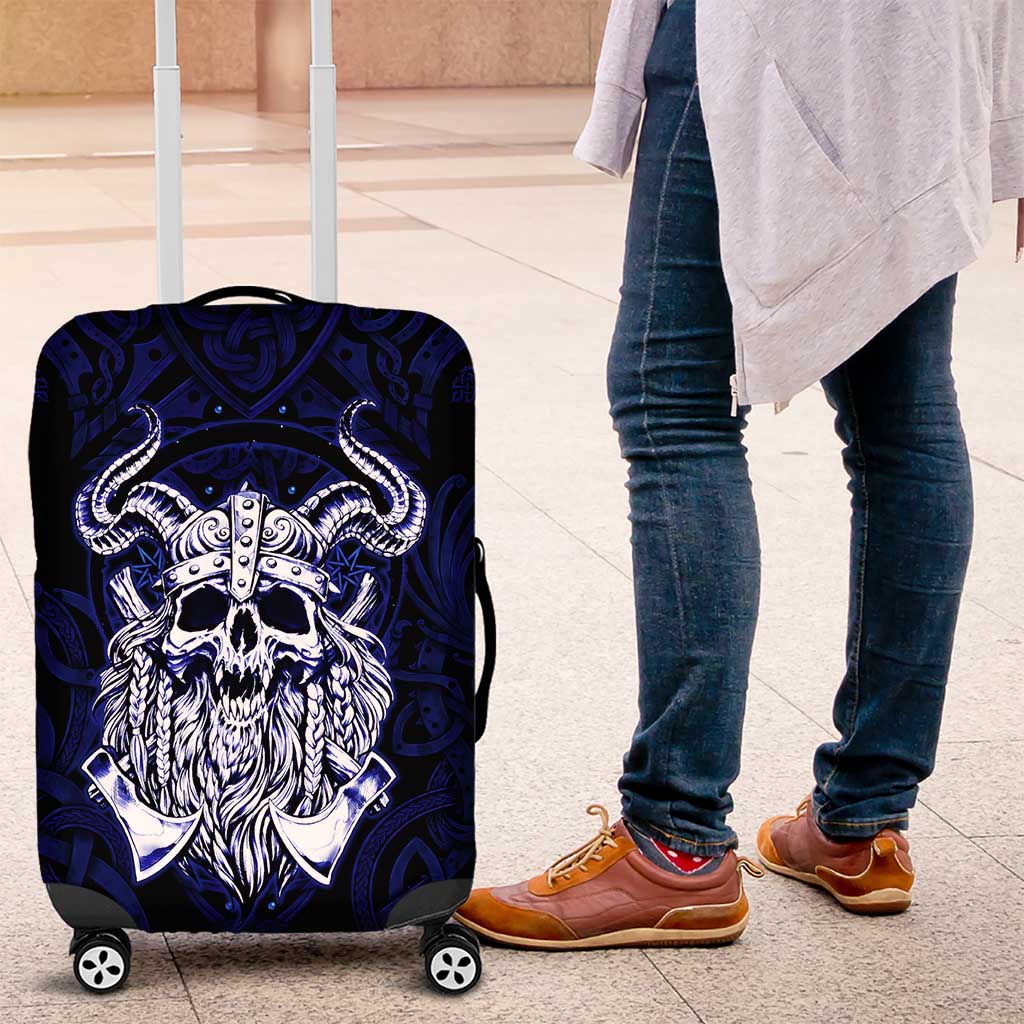 Vikings Skull Luggage Cover with Horned Helmet, Blue Axes and Runes Norse Warrior Tribute - Wonder Print Shop