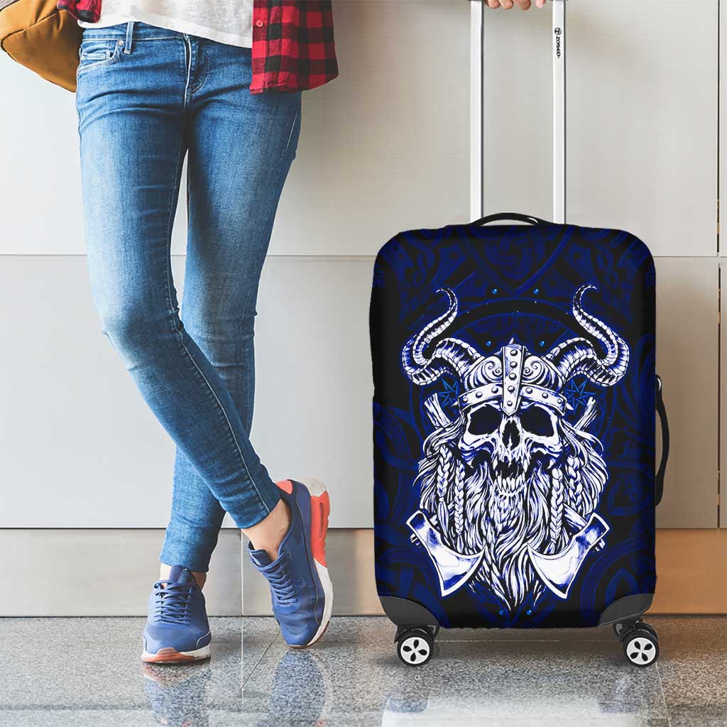 Vikings Skull Luggage Cover with Horned Helmet, Blue Axes and Runes Norse Warrior Tribute - Wonder Print Shop