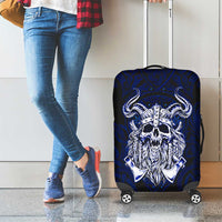 Vikings Skull Luggage Cover with Horned Helmet, Blue Axes and Runes Norse Warrior Tribute - Wonder Print Shop