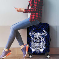 Vikings Skull Luggage Cover with Horned Helmet, Blue Axes and Runes Norse Warrior Tribute - Wonder Print Shop