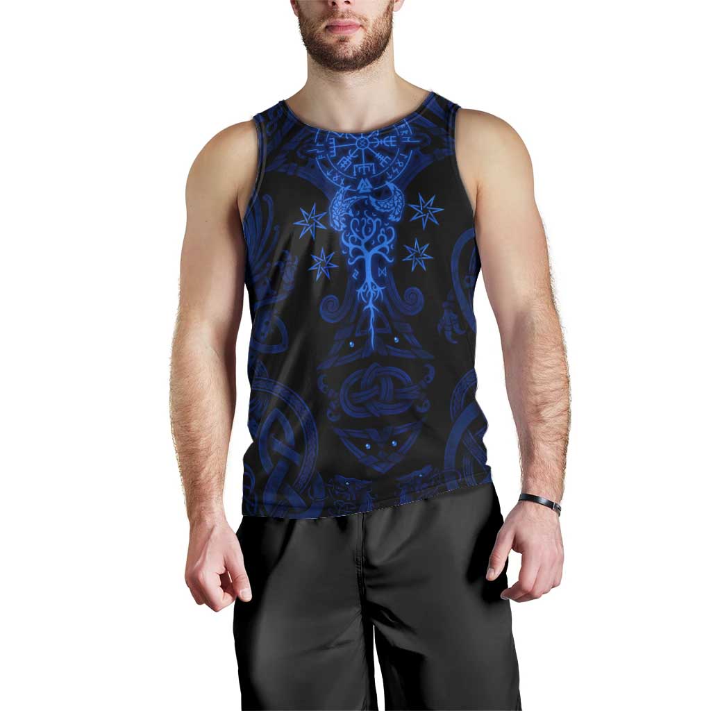 Vikings Skull Men Tank Top with Horned Helmet, Blue Axes and Runes Norse Warrior Tribute - Wonder Print Shop