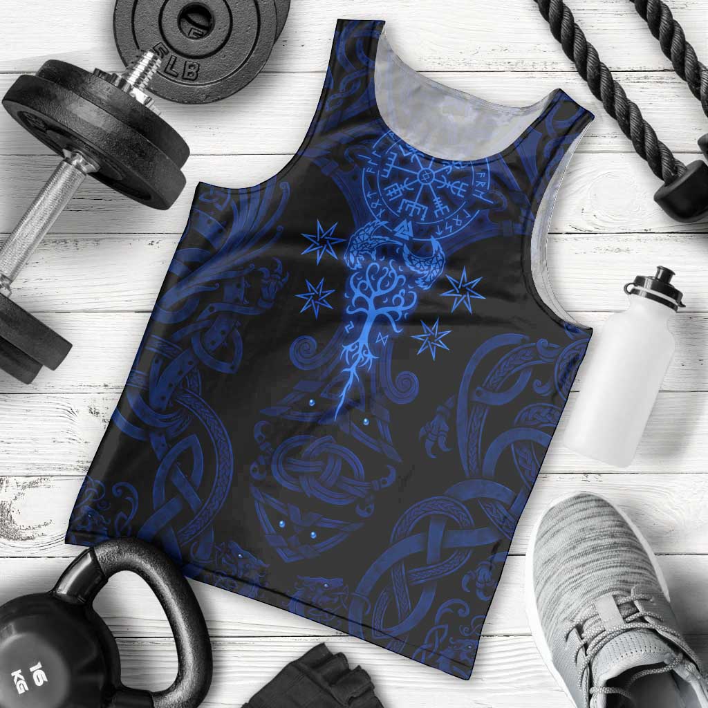 Vikings Skull Men Tank Top with Horned Helmet, Blue Axes and Runes Norse Warrior Tribute - Wonder Print Shop