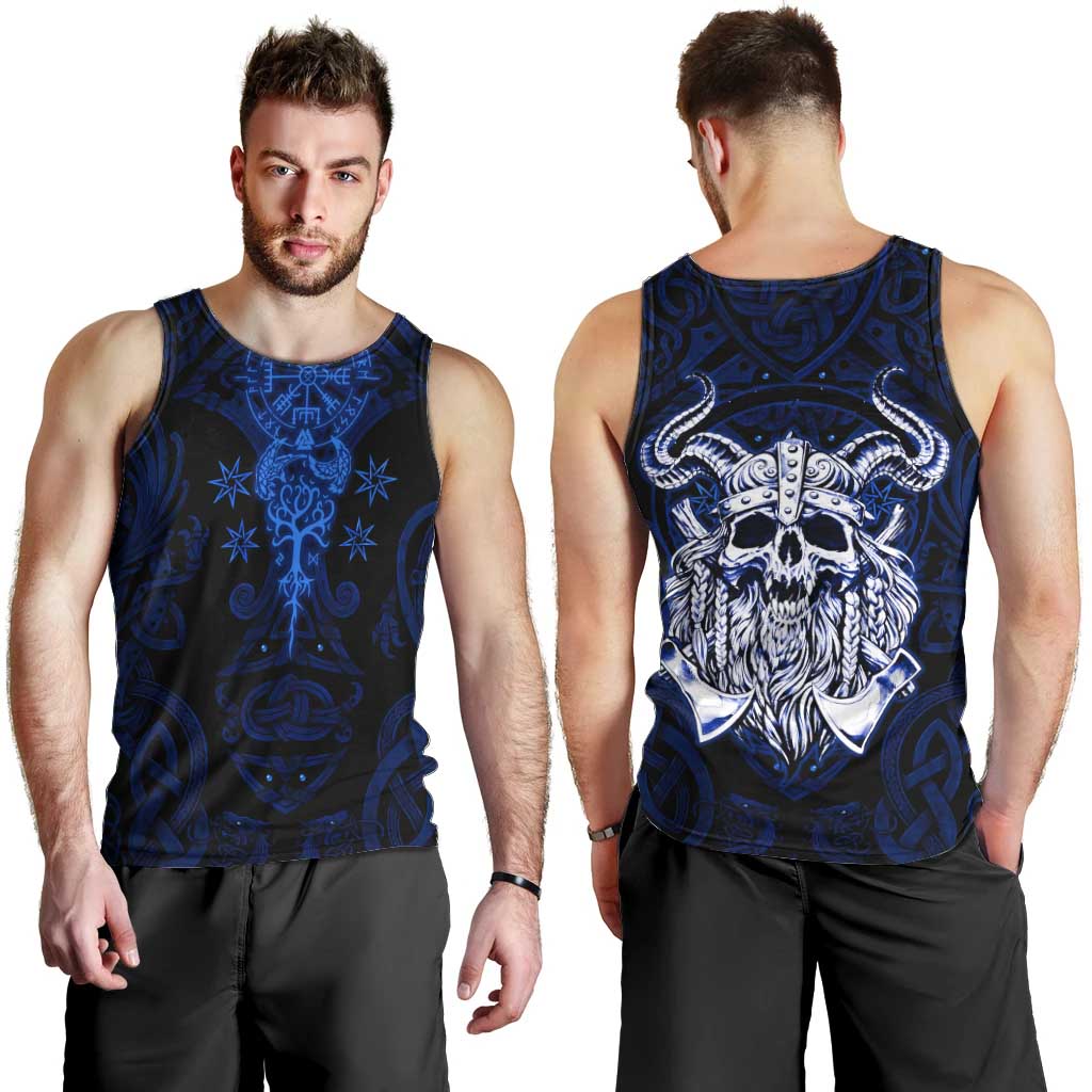 Vikings Skull Men Tank Top with Horned Helmet, Blue Axes and Runes Norse Warrior Tribute - Wonder Print Shop