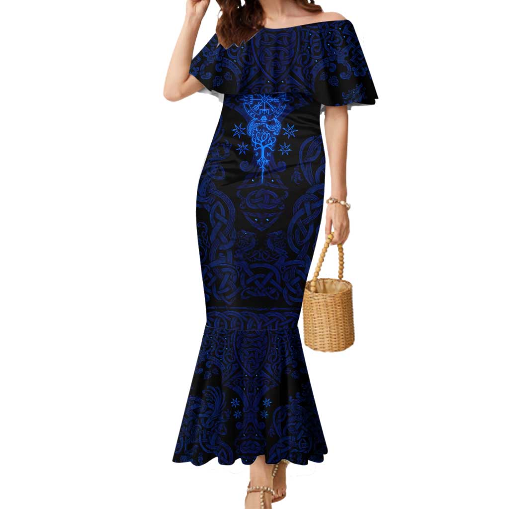 Vikings Skull Mermaid Dress with Horned Helmet, Blue Axes and Runes Norse Warrior Tribute - Wonder Print Shop