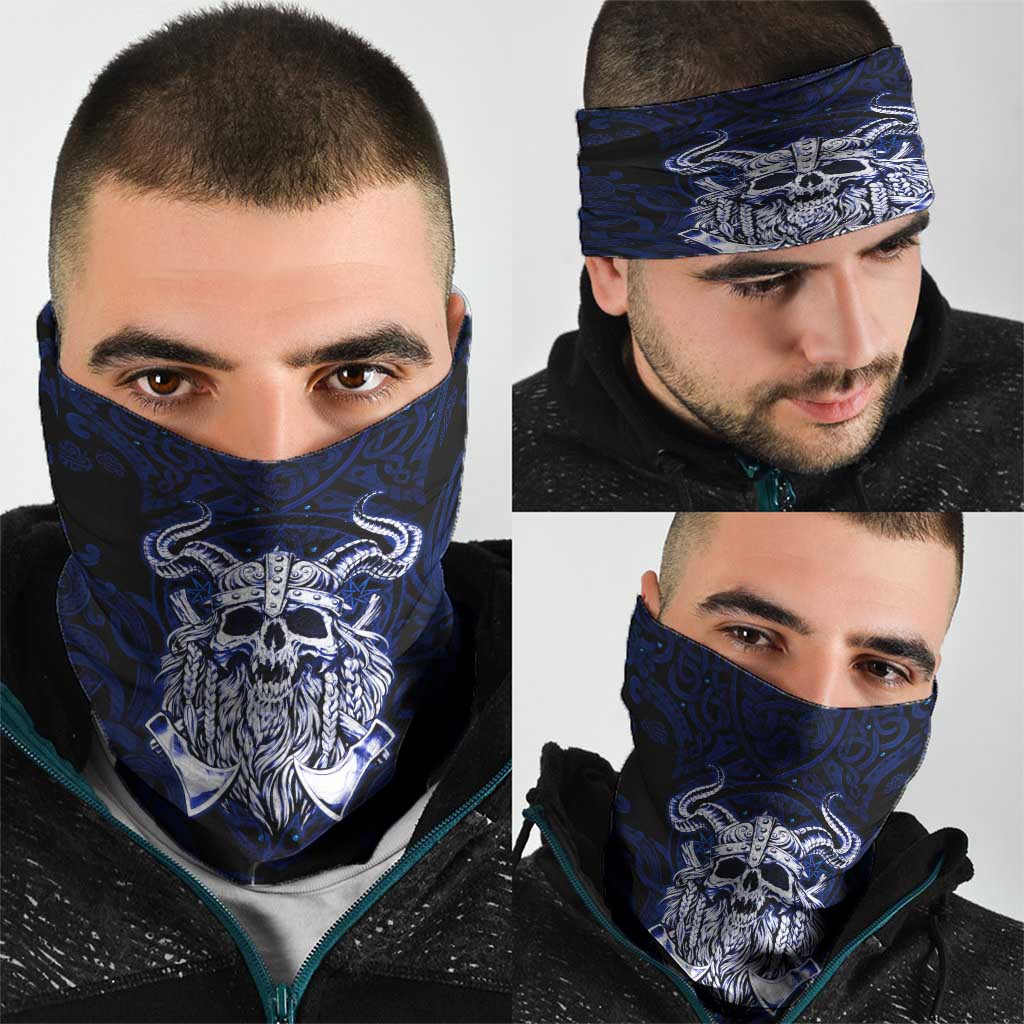 Vikings Skull Neck Gaiter with Horned Helmet, Blue Axes and Runes Norse Warrior Tribute - Wonder Print Shop