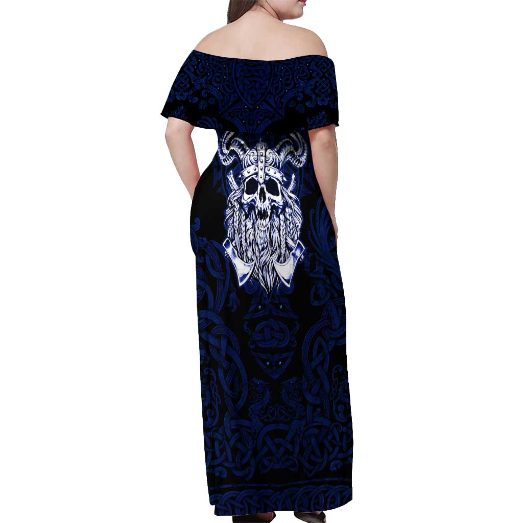 Vikings Skull Off Shoulder Maxi Dress with Horned Helmet, Blue Axes and Runes Norse Warrior Tribute - Wonder Print Shop