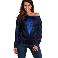Vikings Skull Off Shoulder Sweater with Horned Helmet, Blue Axes and Runes Norse Warrior Tribute - Wonder Print Shop