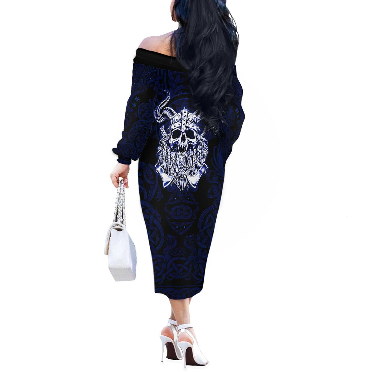 Vikings Skull Off The Shoulder Long Sleeve Dress with Horned Helmet, Blue Axes and Runes Norse Warrior Tribute - Wonder Print Shop