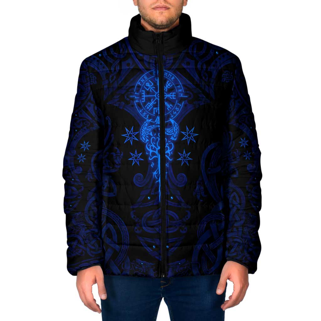 Vikings Skull Padded Jacket with Horned Helmet, Blue Axes and Runes Norse Warrior Tribute - Wonder Print Shop