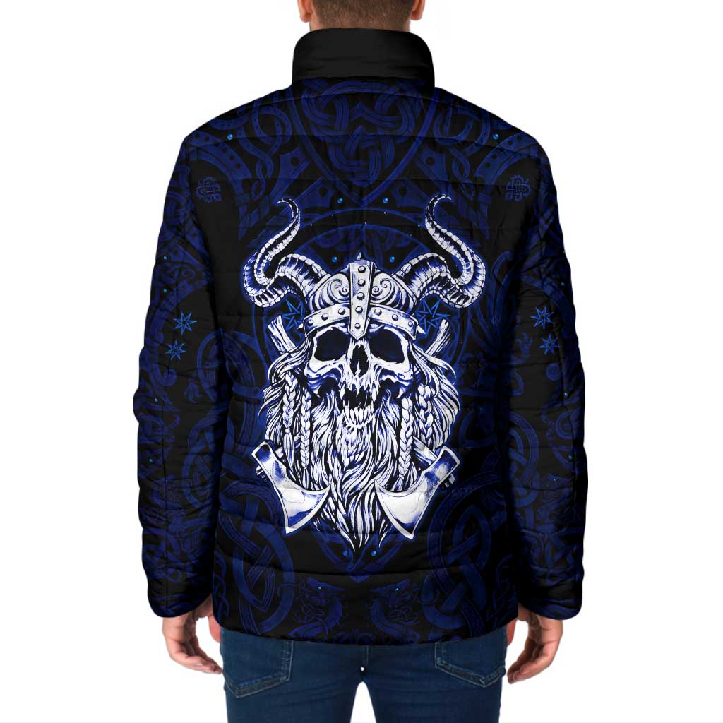 Vikings Skull Padded Jacket with Horned Helmet, Blue Axes and Runes Norse Warrior Tribute - Wonder Print Shop