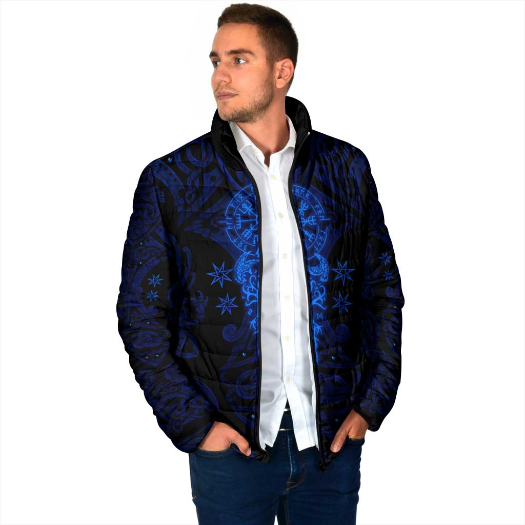 Vikings Skull Padded Jacket with Horned Helmet, Blue Axes and Runes Norse Warrior Tribute - Wonder Print Shop