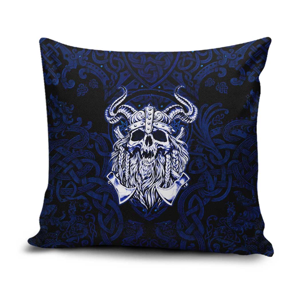 Vikings Skull Pillow Cover with Horned Helmet, Blue Axes and Runes Norse Warrior Tribute - Wonder Print Shop