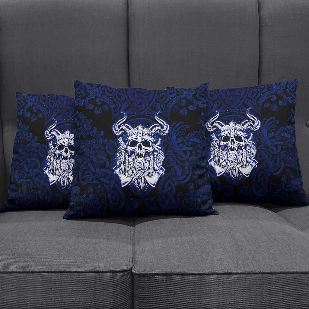 Vikings Skull Pillow Cover with Horned Helmet, Blue Axes and Runes Norse Warrior Tribute - Wonder Print Shop