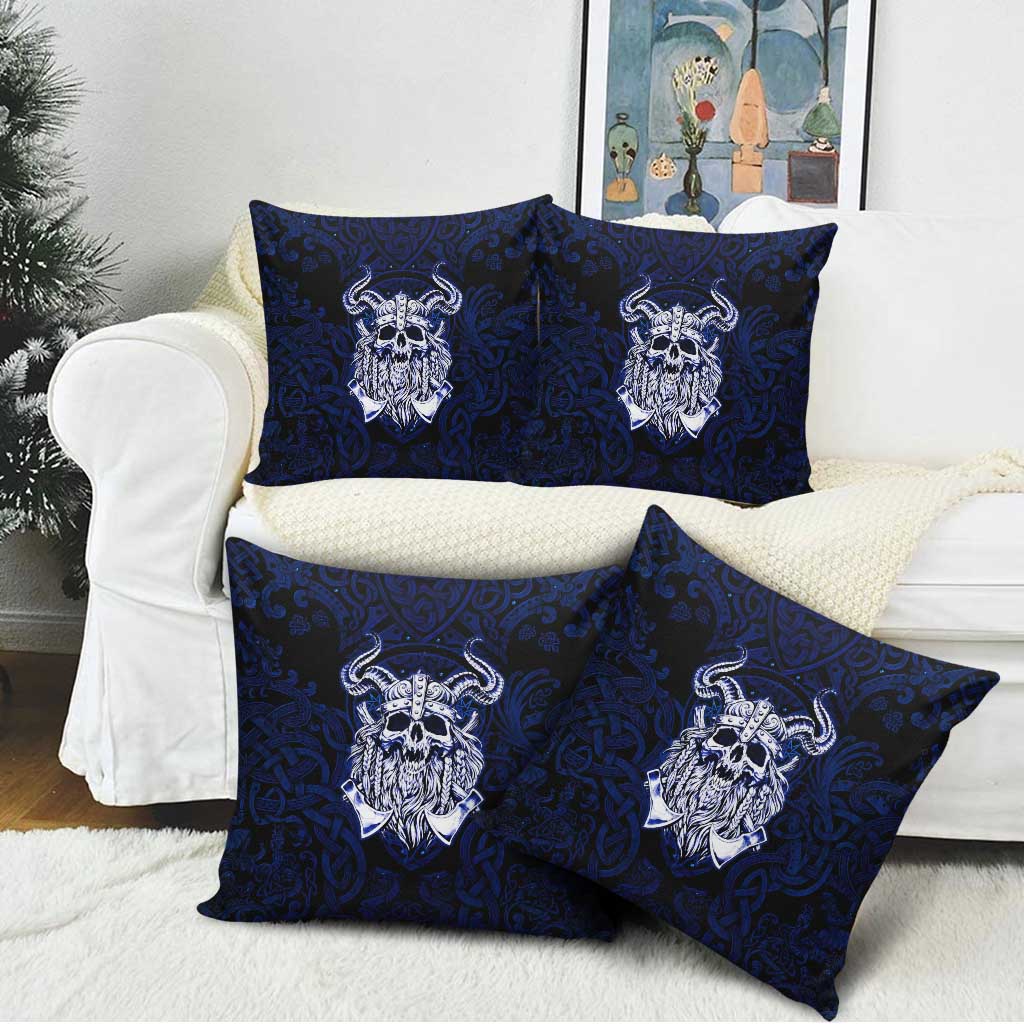 Vikings Skull Pillow Cover with Horned Helmet, Blue Axes and Runes Norse Warrior Tribute - Wonder Print Shop