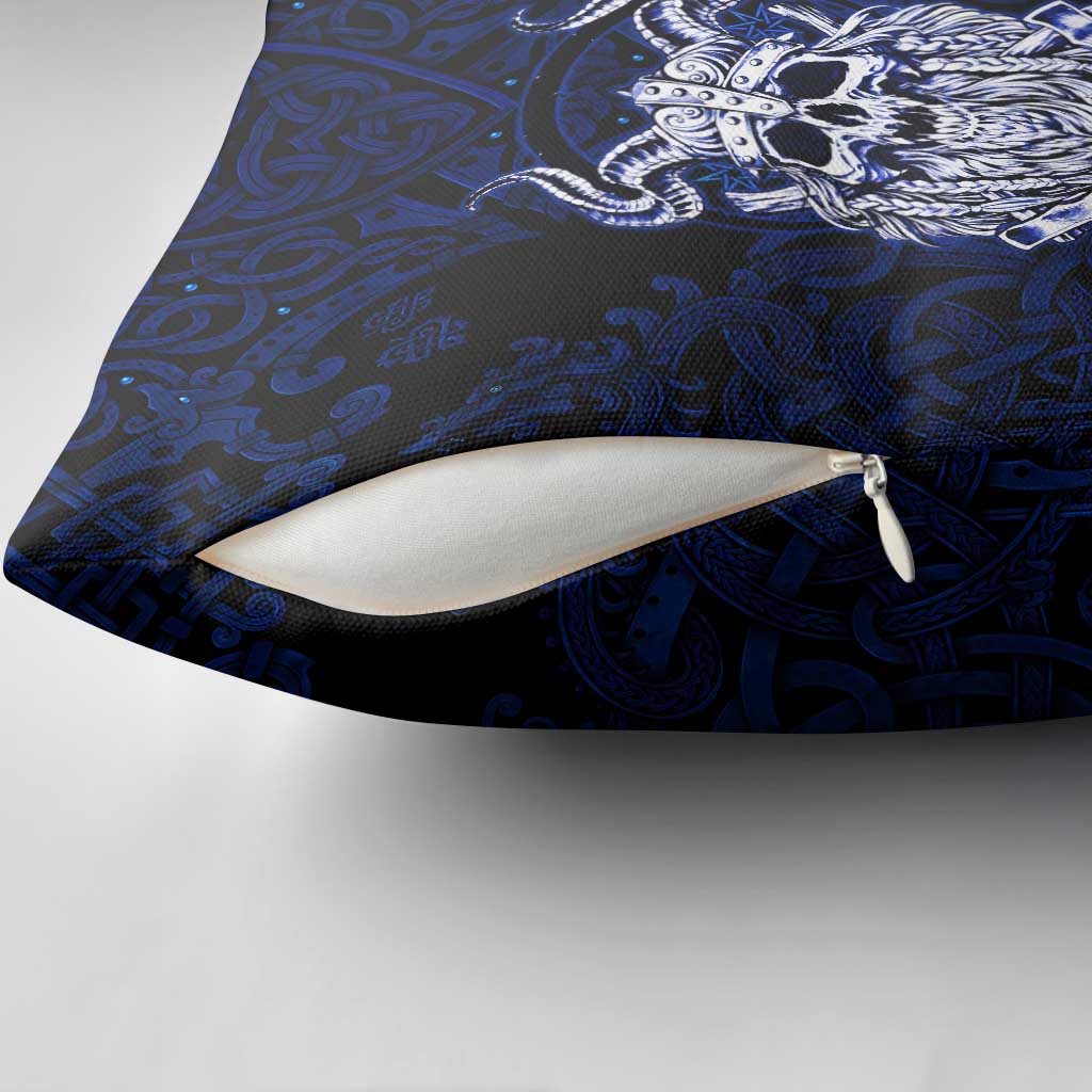 Vikings Skull Pillow Cover with Horned Helmet, Blue Axes and Runes Norse Warrior Tribute - Wonder Print Shop
