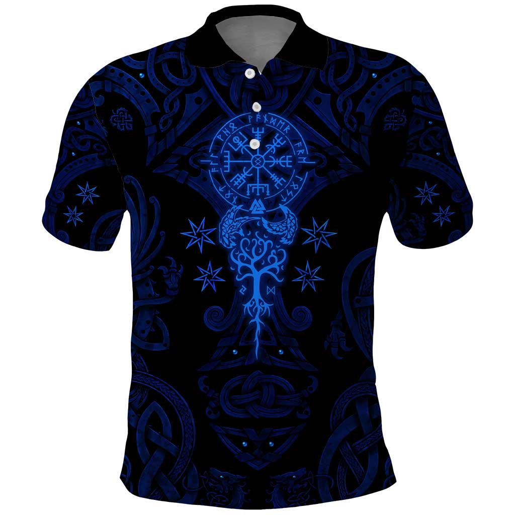 Vikings Skull Polo Shirt with Horned Helmet, Blue Axes and Runes Norse Warrior Tribute - Wonder Print Shop