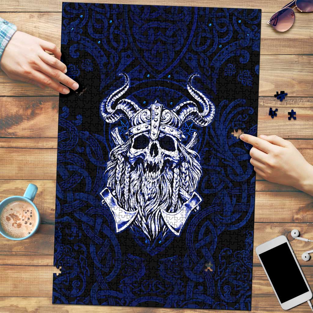 Vikings Skull Puzzle with Horned Helmet, Blue Axes and Runes Norse Warrior Tribute - Wonder Print Shop