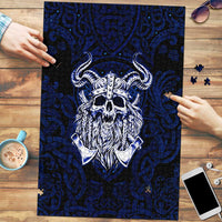 Vikings Skull Puzzle with Horned Helmet, Blue Axes and Runes Norse Warrior Tribute - Wonder Print Shop