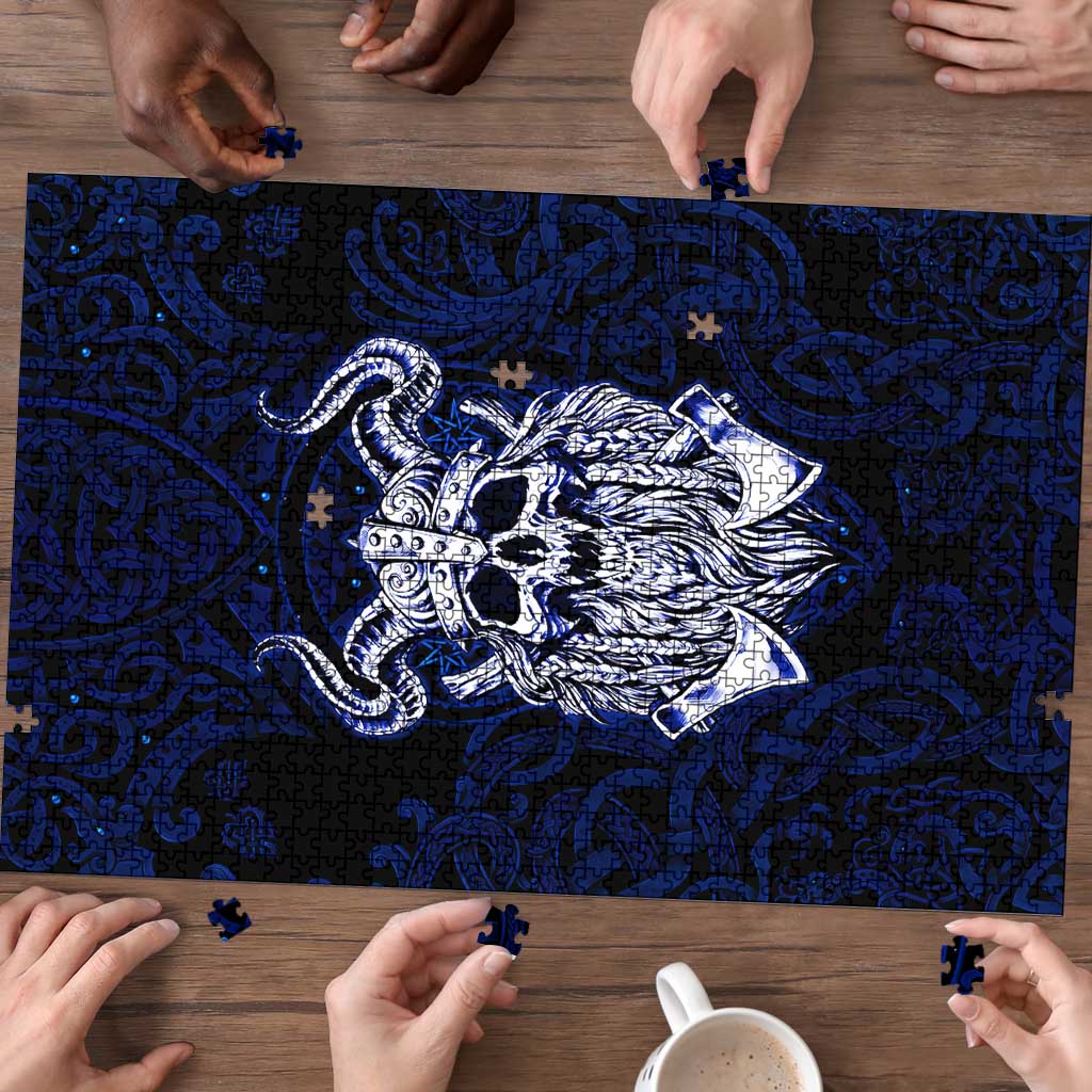 Vikings Skull Puzzle with Horned Helmet, Blue Axes and Runes Norse Warrior Tribute - Wonder Print Shop