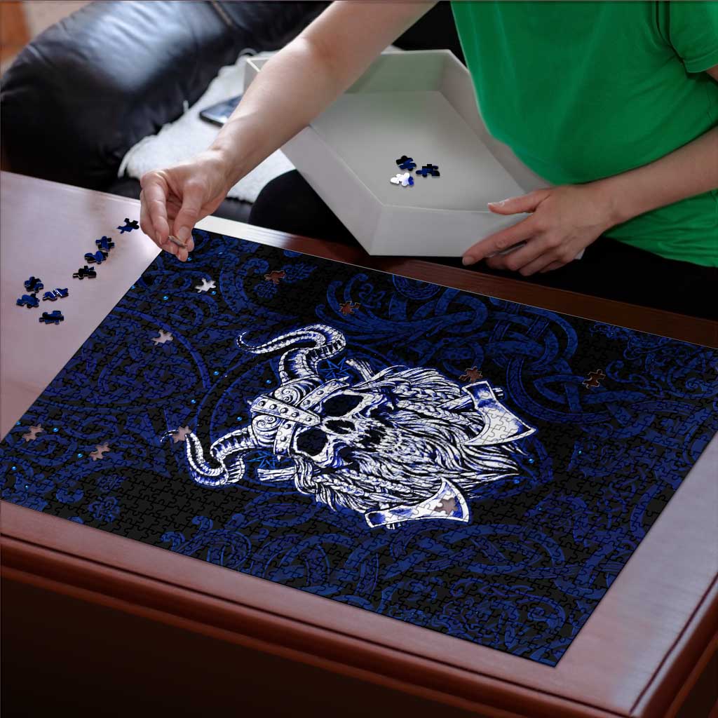 Vikings Skull Puzzle with Horned Helmet, Blue Axes and Runes Norse Warrior Tribute - Wonder Print Shop