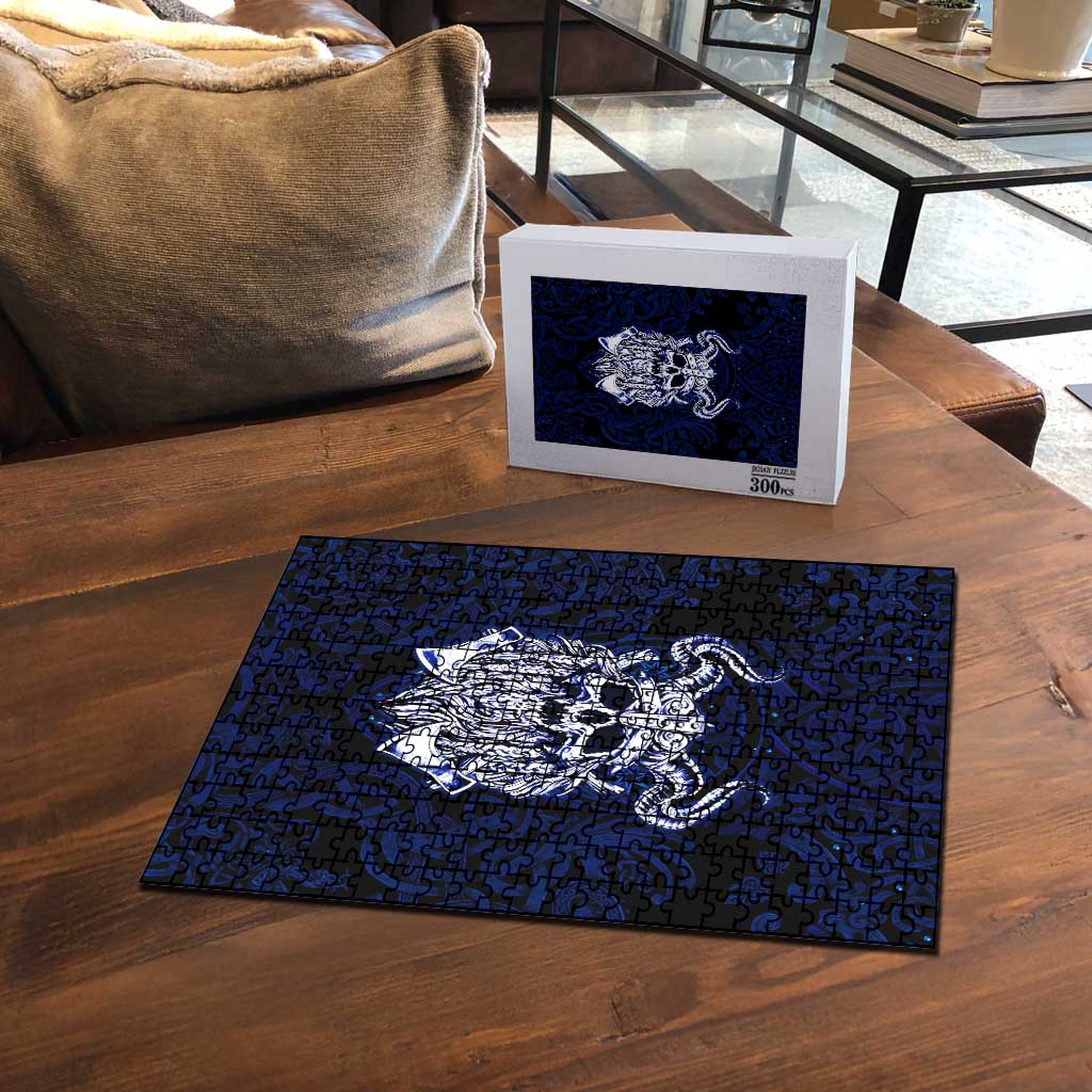 Vikings Skull Puzzle with Horned Helmet, Blue Axes and Runes Norse Warrior Tribute - Wonder Print Shop