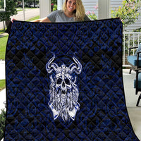 Vikings Skull Quilt with Horned Helmet, Blue Axes and Runes Norse Warrior Tribute - Wonder Print Shop
