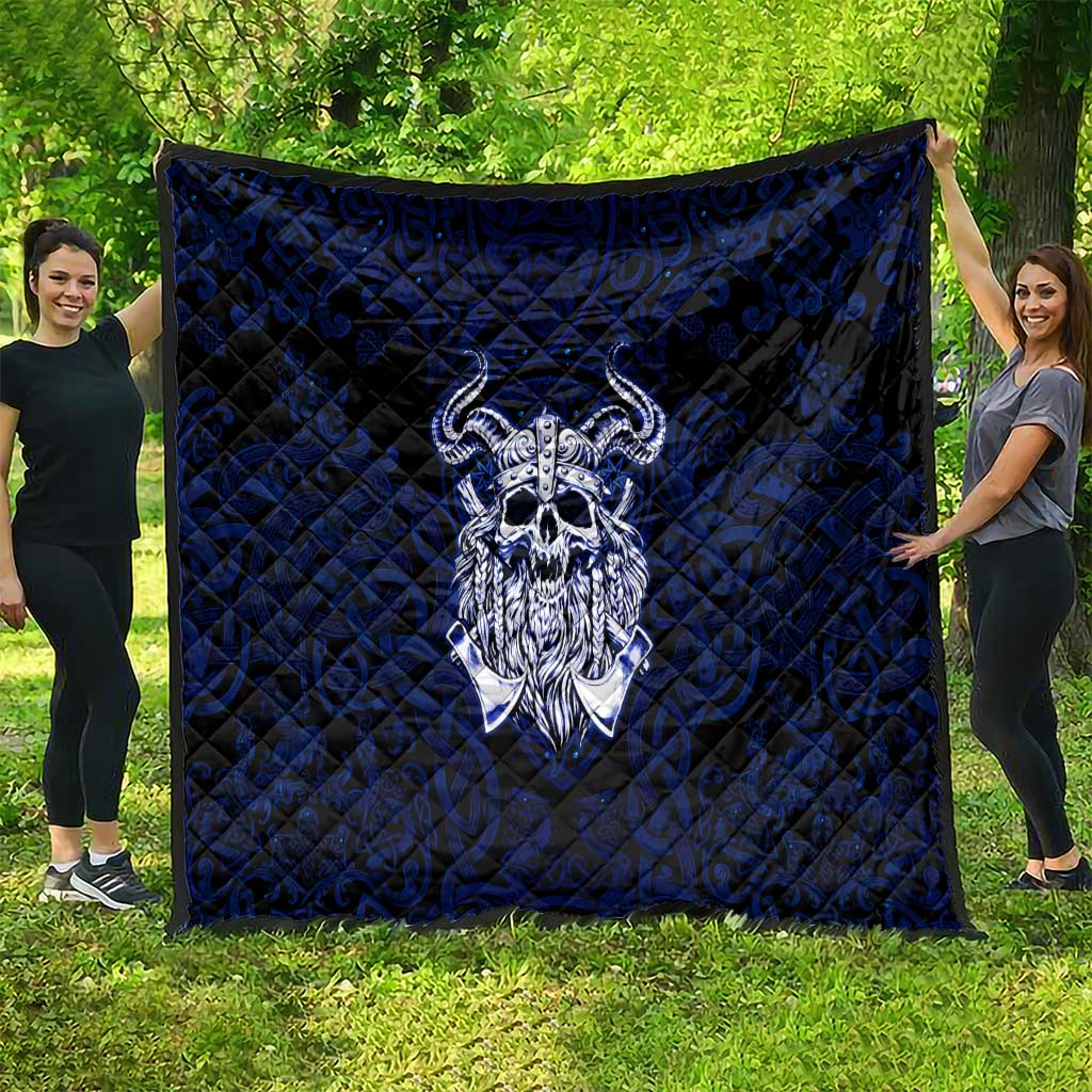 Vikings Skull Quilt with Horned Helmet, Blue Axes and Runes Norse Warrior Tribute - Wonder Print Shop
