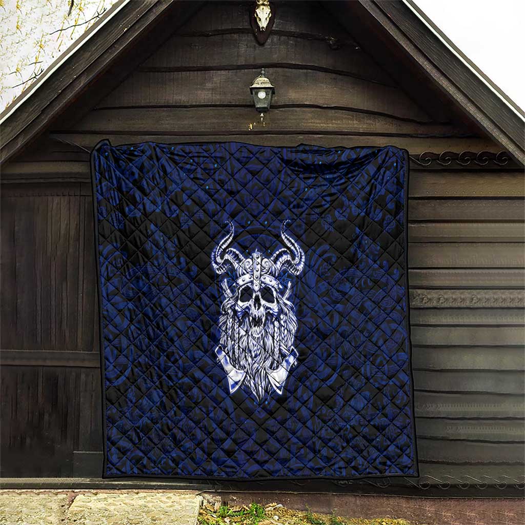 Vikings Skull Quilt with Horned Helmet, Blue Axes and Runes Norse Warrior Tribute - Wonder Print Shop