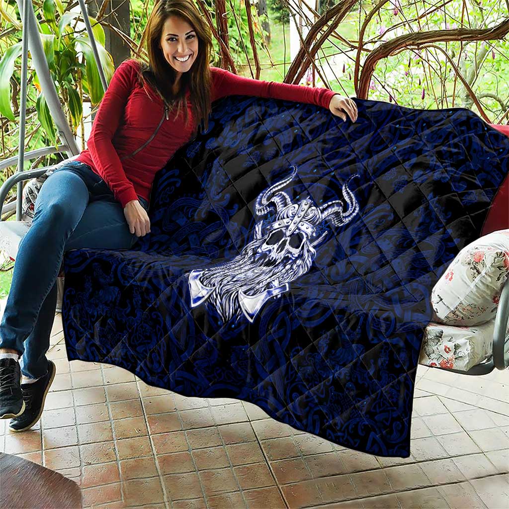 Vikings Skull Quilt with Horned Helmet, Blue Axes and Runes Norse Warrior Tribute - Wonder Print Shop