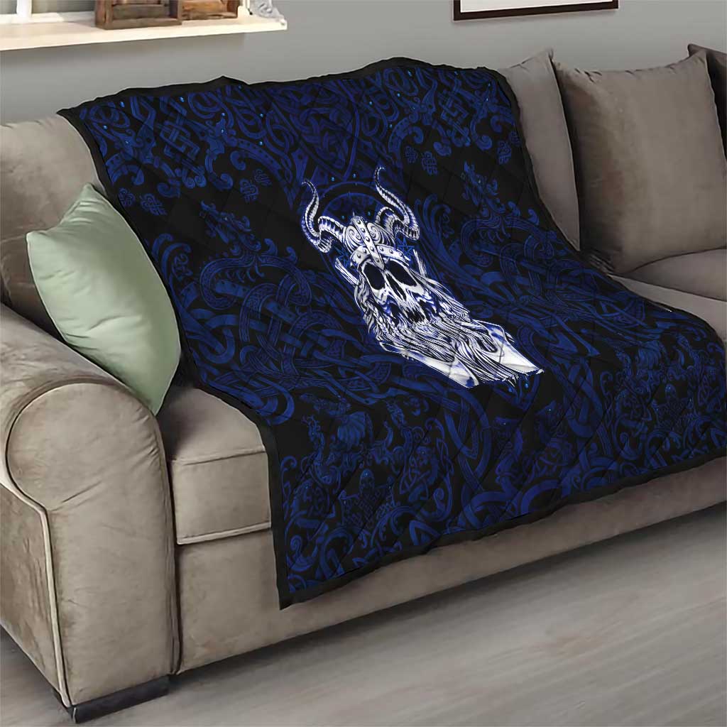 Vikings Skull Quilt with Horned Helmet, Blue Axes and Runes Norse Warrior Tribute - Wonder Print Shop