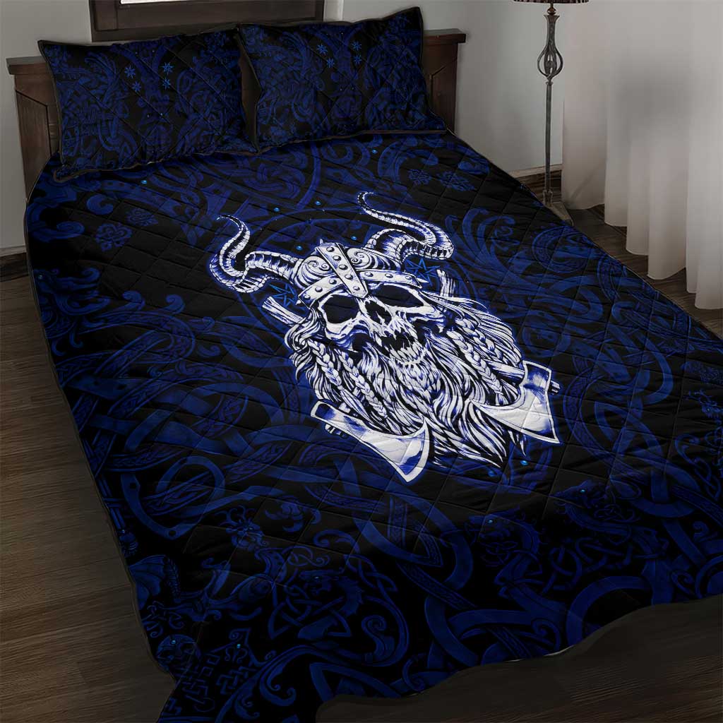 Vikings Skull Quilt Bed Set with Horned Helmet, Blue Axes and Runes Norse Warrior Tribute - Wonder Print Shop