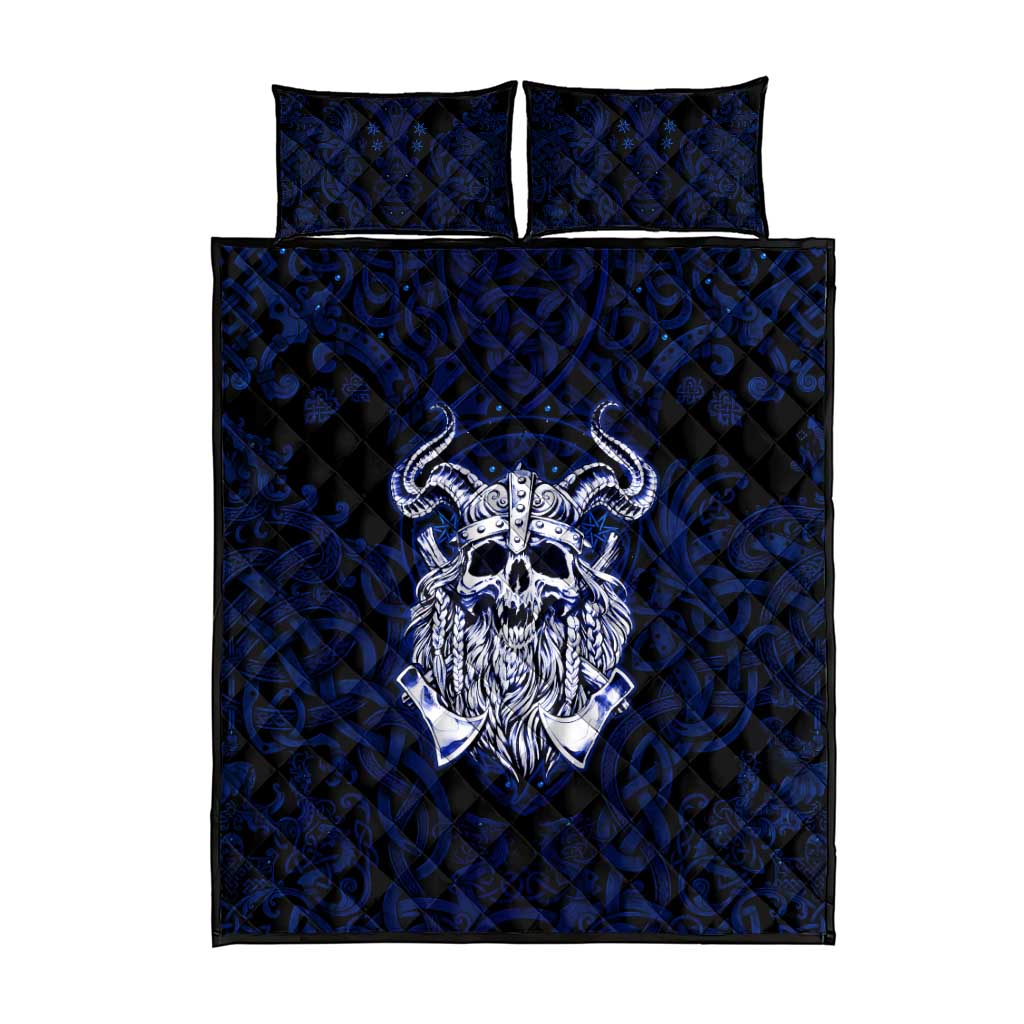 Vikings Skull Quilt Bed Set with Horned Helmet, Blue Axes and Runes Norse Warrior Tribute - Wonder Print Shop