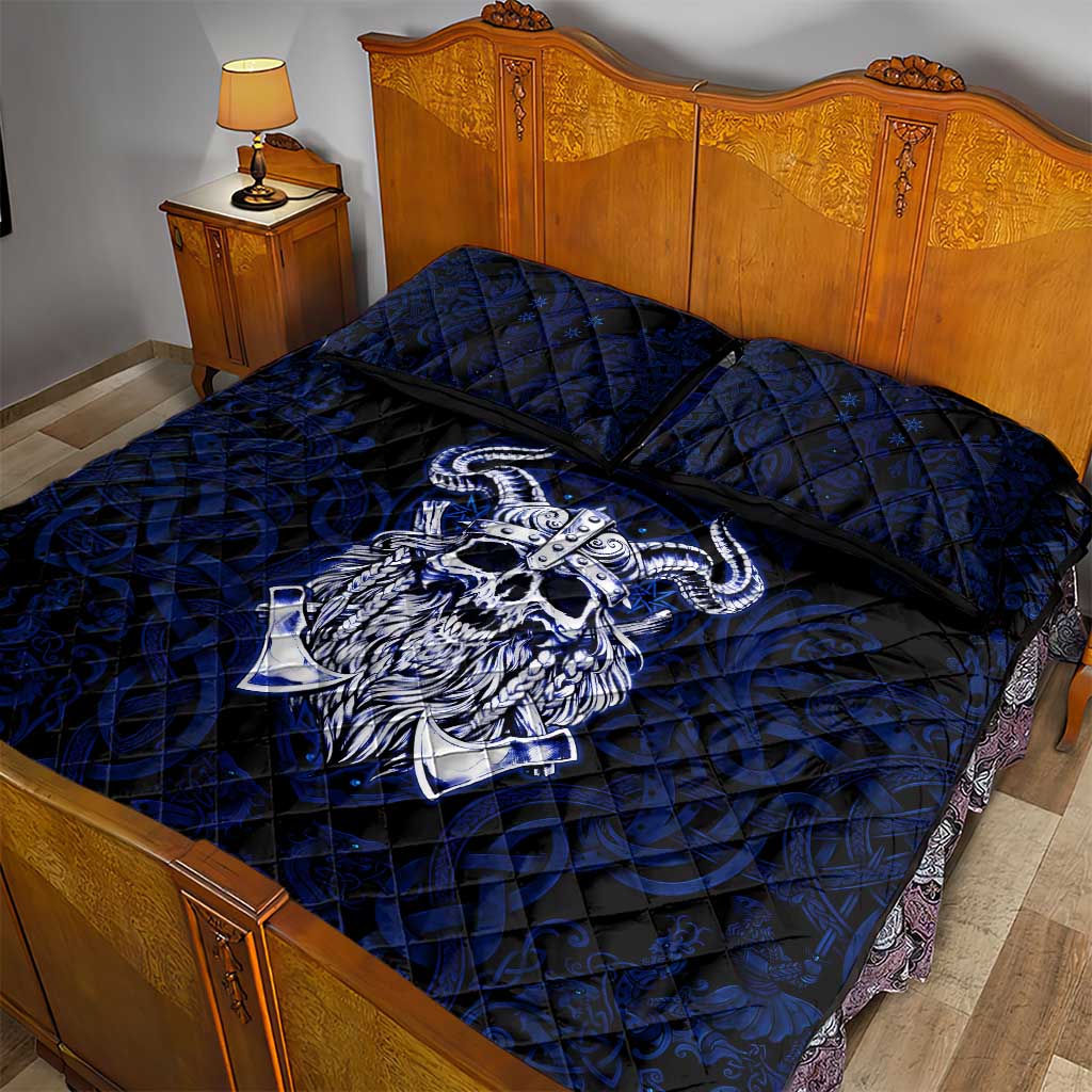 Vikings Skull Quilt Bed Set with Horned Helmet, Blue Axes and Runes Norse Warrior Tribute - Wonder Print Shop