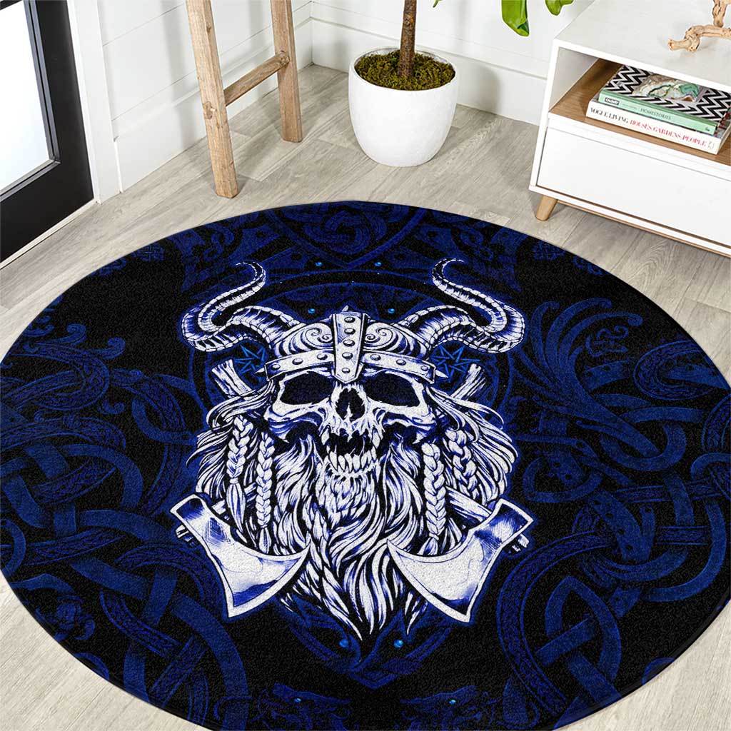 Vikings Skull Round Carpet with Horned Helmet, Blue Axes and Runes Norse Warrior Tribute - Wonder Print Shop