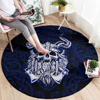 Vikings Skull Round Carpet with Horned Helmet, Blue Axes and Runes Norse Warrior Tribute - Wonder Print Shop