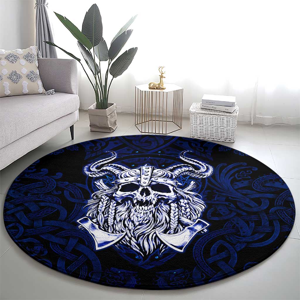 Vikings Skull Round Carpet with Horned Helmet, Blue Axes and Runes Norse Warrior Tribute - Wonder Print Shop