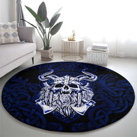 Vikings Skull Round Carpet with Horned Helmet, Blue Axes and Runes Norse Warrior Tribute - Wonder Print Shop