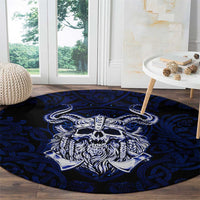 Vikings Skull Round Carpet with Horned Helmet, Blue Axes and Runes Norse Warrior Tribute - Wonder Print Shop
