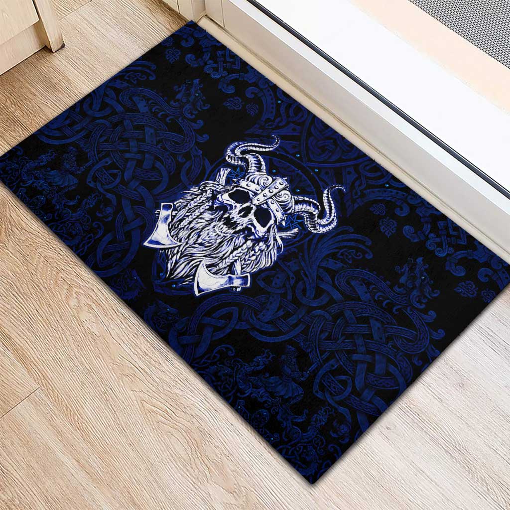 Vikings Skull Rubber Doormat with Horned Helmet, Blue Axes and Runes Norse Warrior Tribute - Wonder Print Shop