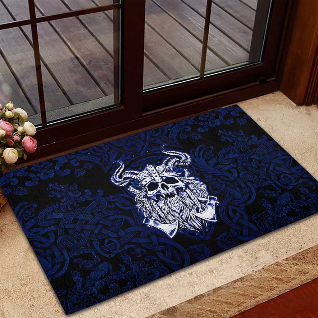 Vikings Skull Rubber Doormat with Horned Helmet, Blue Axes and Runes Norse Warrior Tribute - Wonder Print Shop