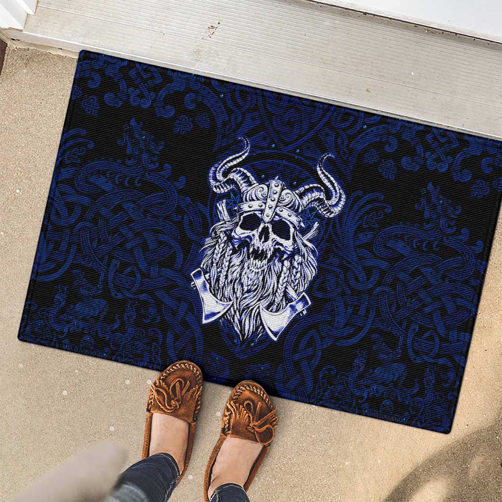 Vikings Skull Rubber Doormat with Horned Helmet, Blue Axes and Runes Norse Warrior Tribute - Wonder Print Shop