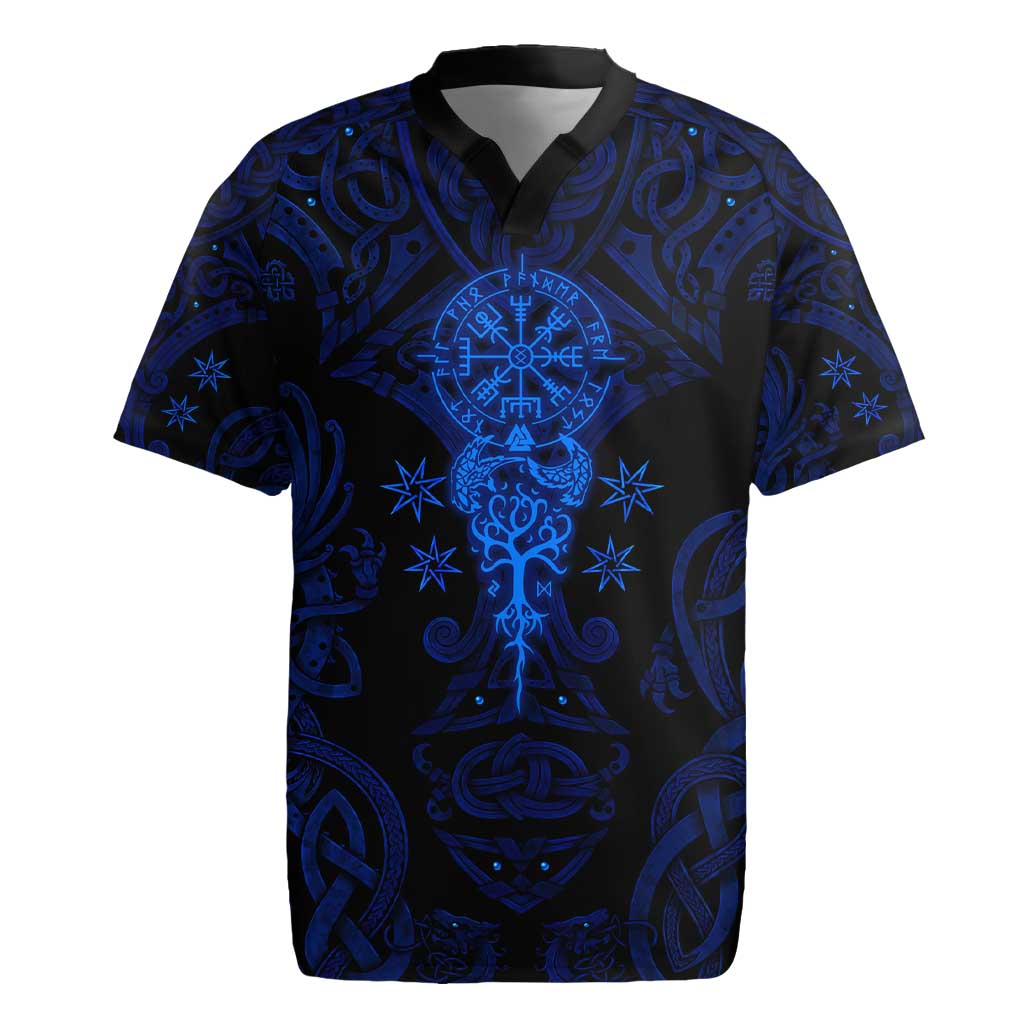 Vikings Skull Rugby Jersey with Horned Helmet, Blue Axes and Runes Norse Warrior Tribute - Wonder Print Shop